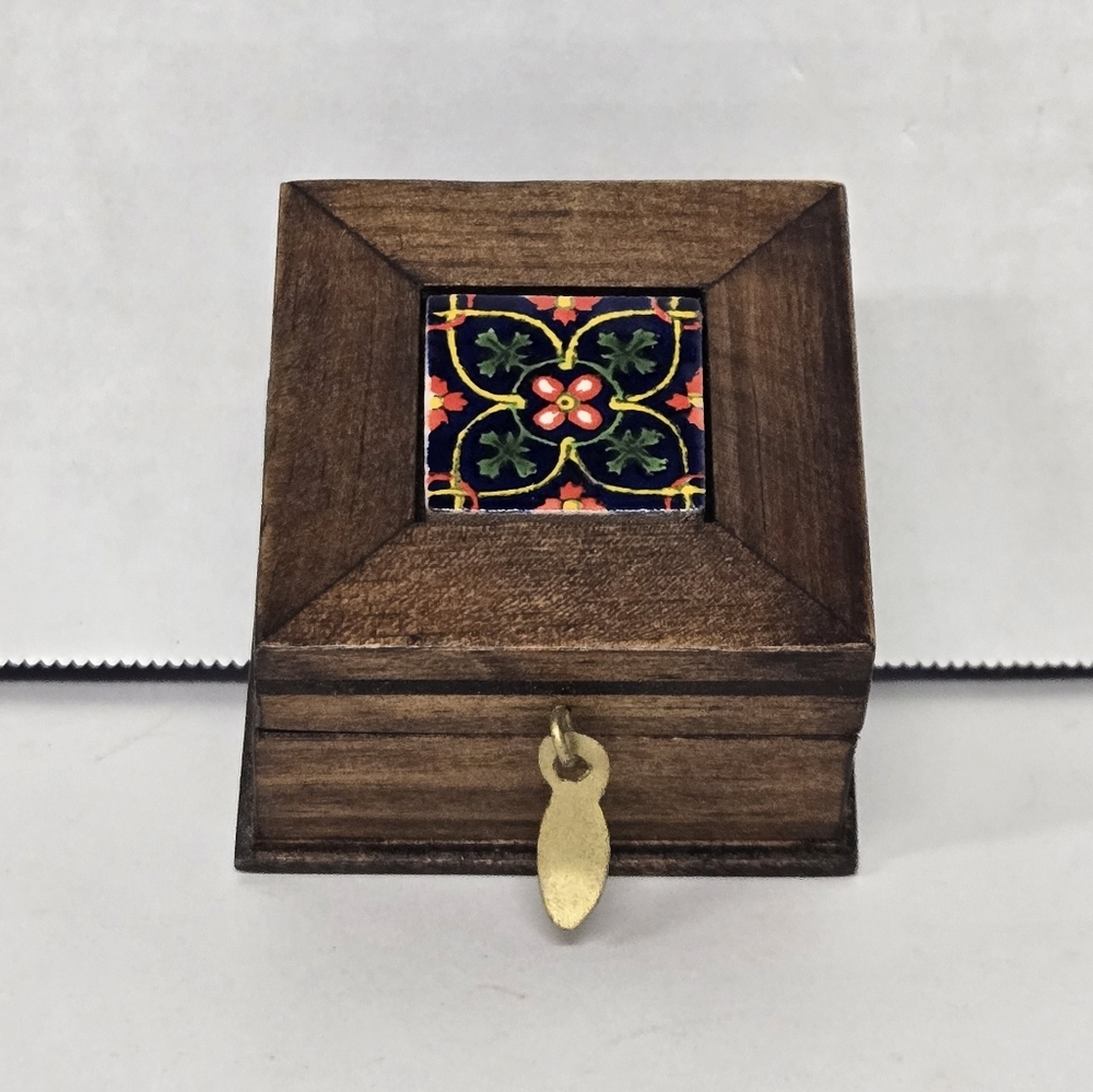 Wooden Trinket Box with Colorful Ceramic Tile Inlay 3"X3"X1.25"